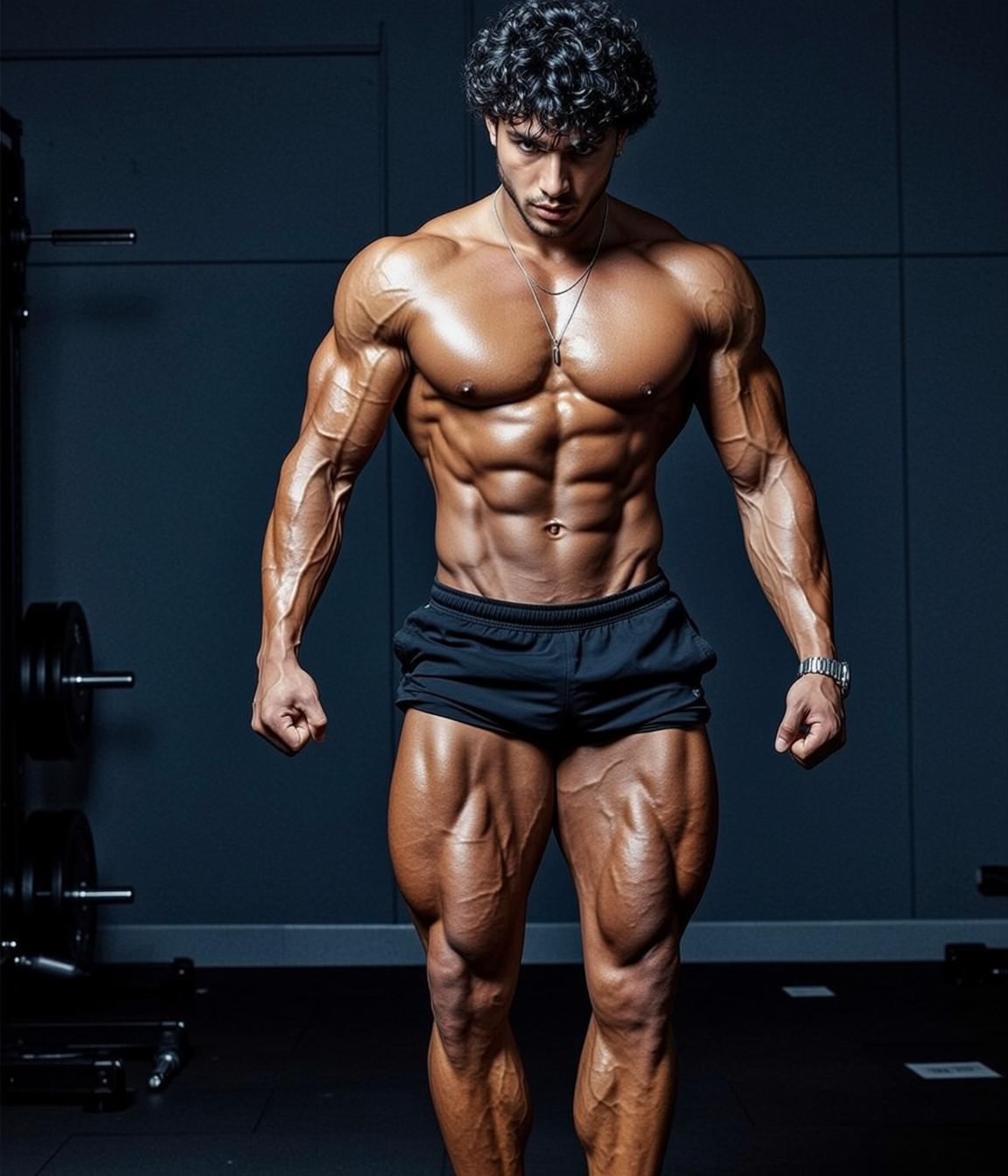 Muscular Curly Black Hair Tan Skin Visible