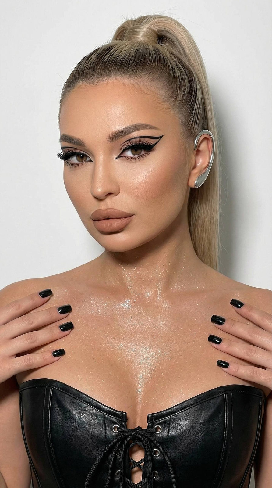 Portrait of a girl in a black corset with bold makeup and a high ponytail against a white studio backdrop.
