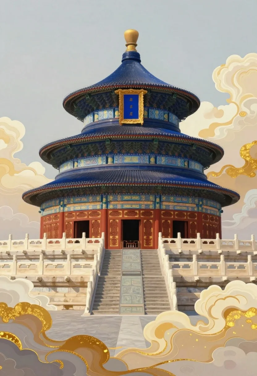 Majestic Three-tiered Circular Temple With Blue Tiled Roof And Golden
