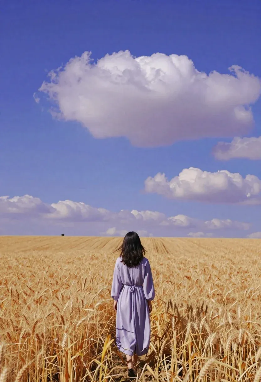 Lone Figure Wide-open Field Under Expansive Sky Subject Woman With