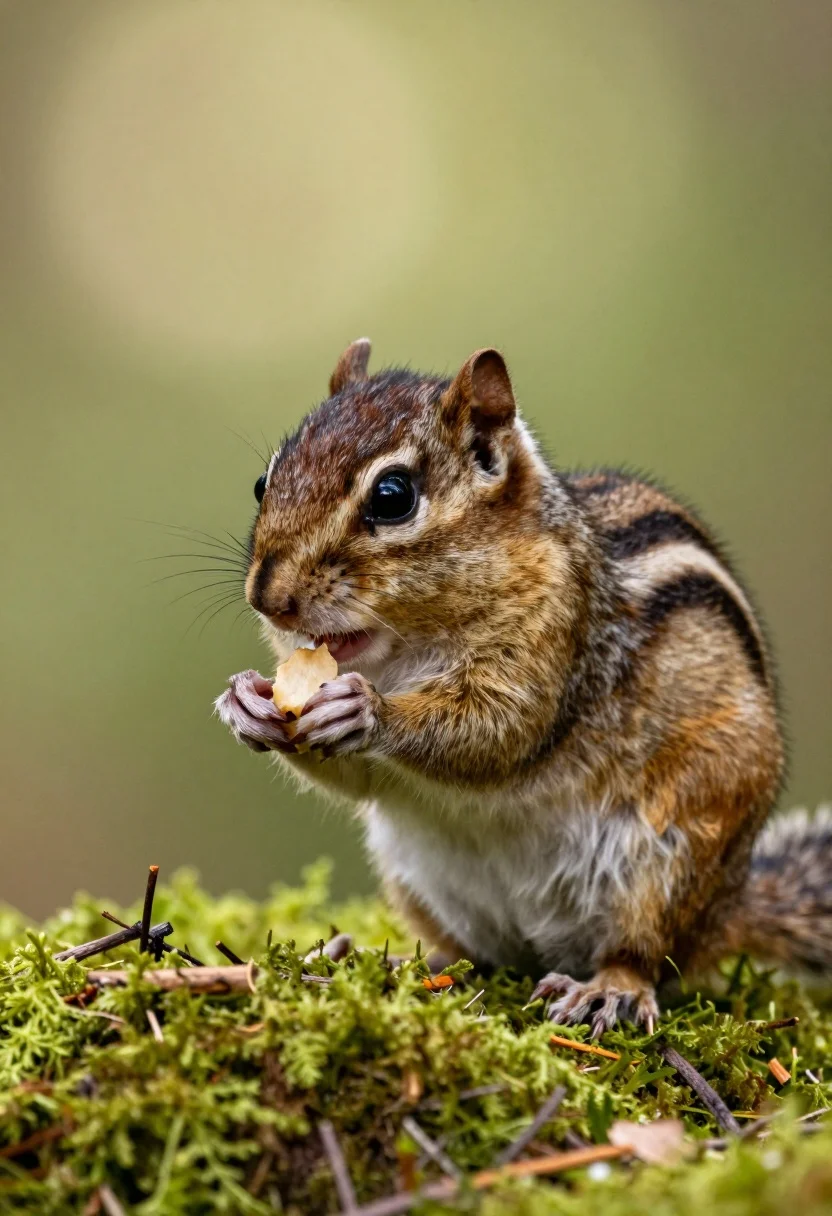 Close-up Portrait Chipmunk Perched Mossy Surface Subject Small Chipmunk With