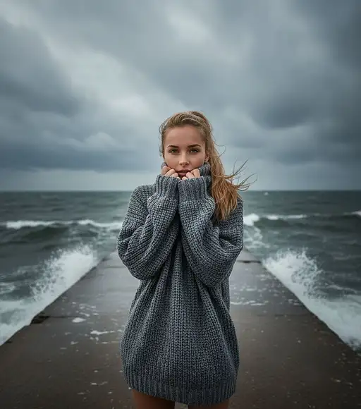 Cinematic Photo The Uploaded Woman Stormy Gray Concrete Pier The