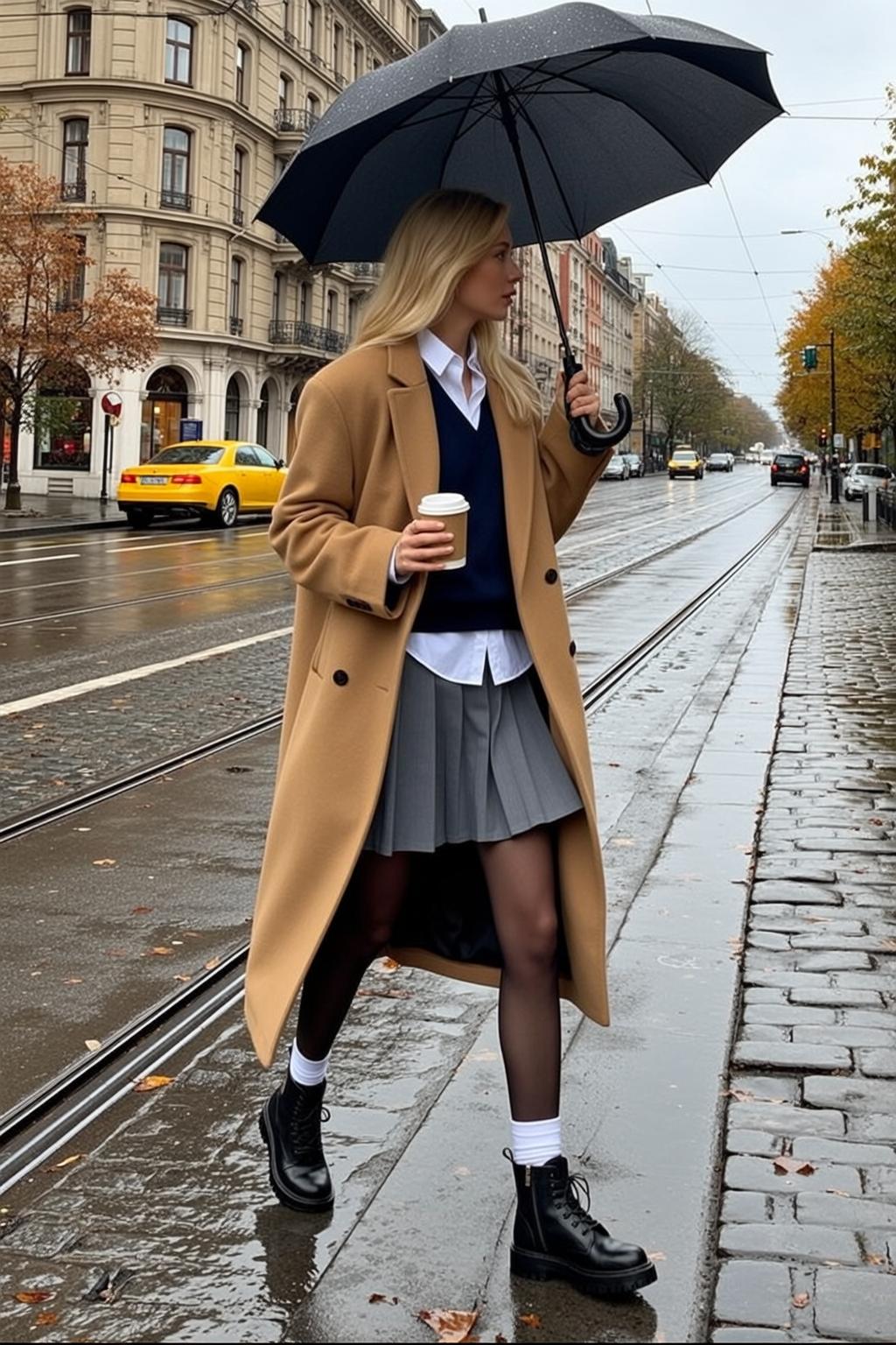 Camel Coat Rainy Street