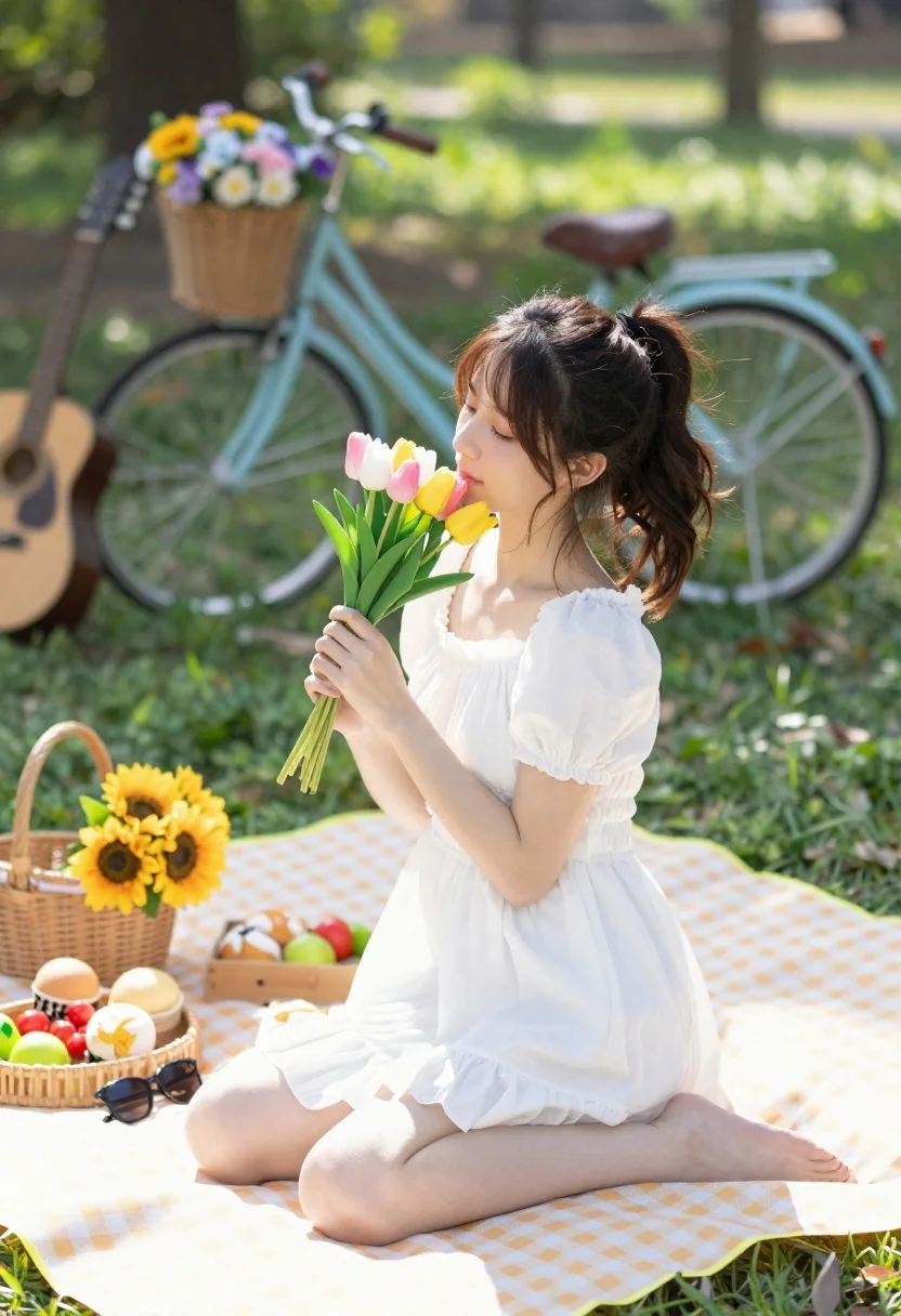 Young Woman Sits Yellow And White Checkered Picnic Blanket Sunlit