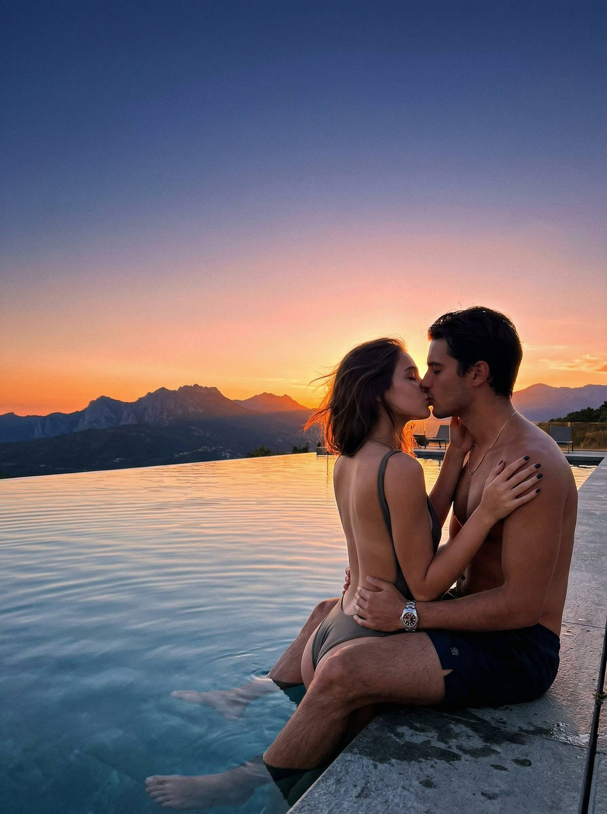 A romantic couple kissing at the edge of an infinity pool during sunset, showcasing warm colors and serene reflections.