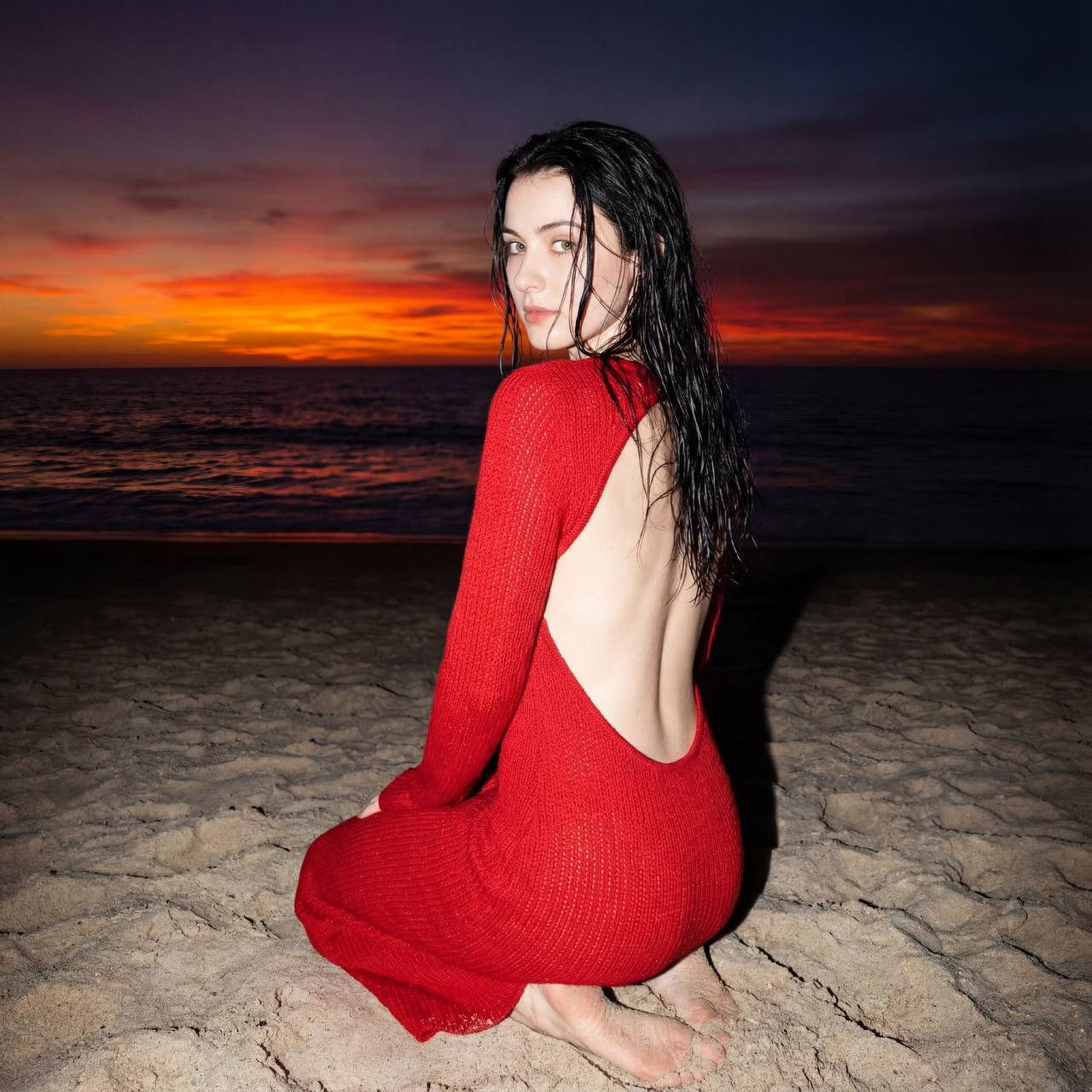 A woman in a red knitted dress sits on the beach at night, back to the camera with a stunning sunset behind.