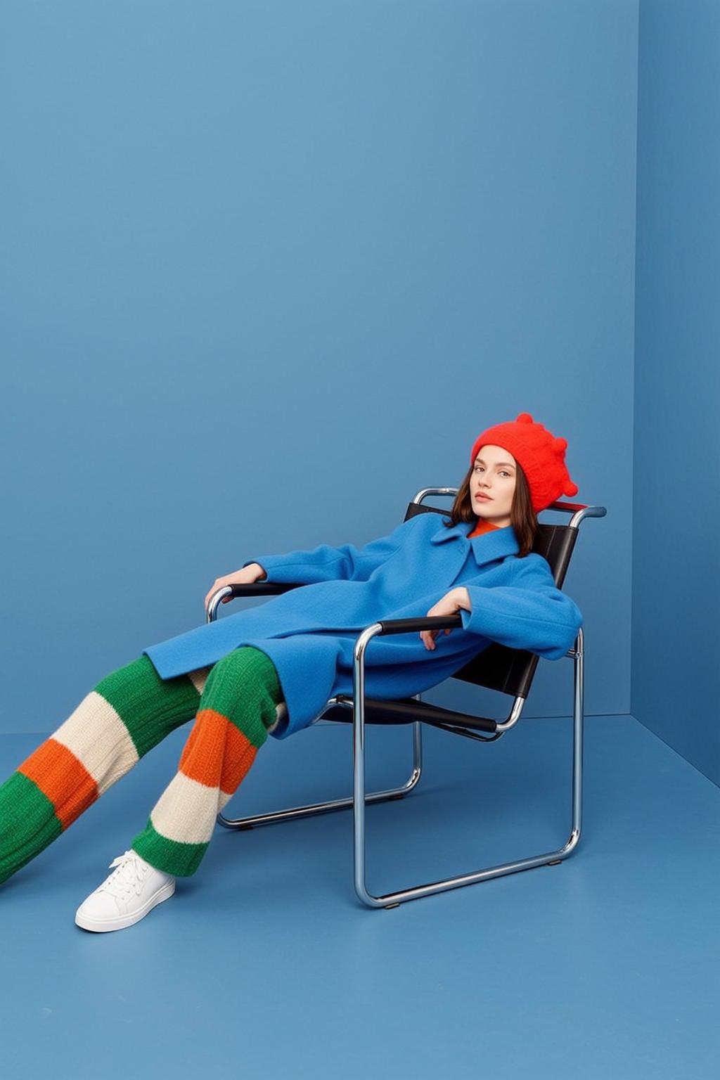 Orange Turtleneck Blue Coat Chair