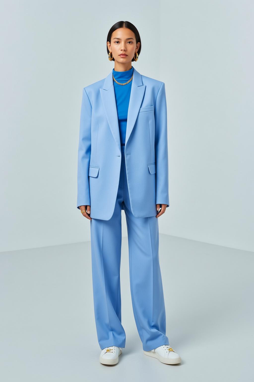 Blue Turtleneck Wide Leg Trousers Studio Fashion