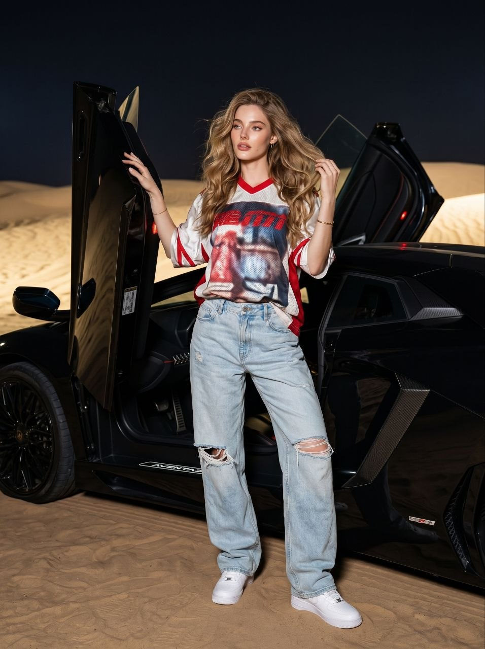 A stylish woman in a vintage oversized jersey sports t-shirt stands confidently next to a luxury supercar in a desert at night.