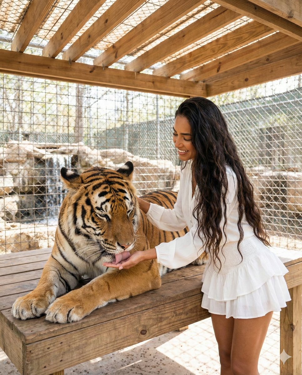 A young woman with tanned skin and long dark wavy hair smiling warmly at a Bengal tiger while on a wooden platform.