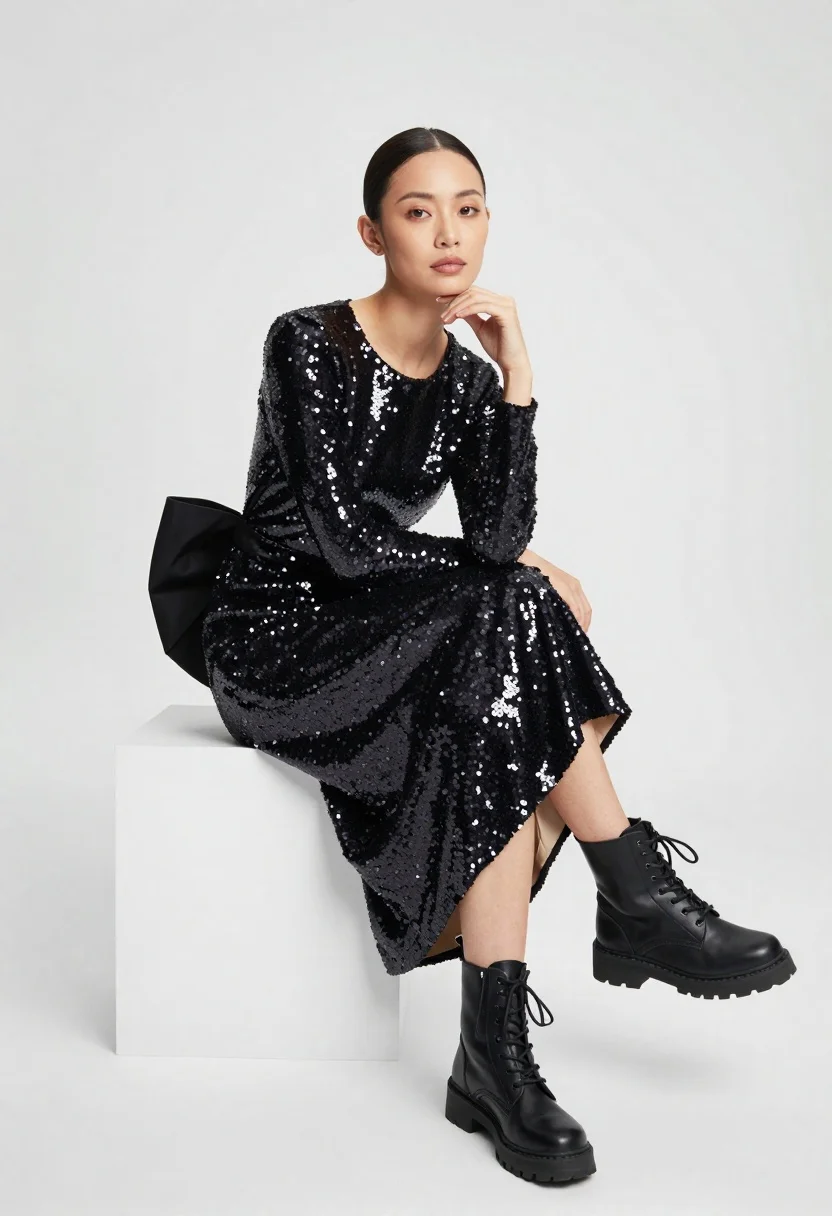 Woman Sits Elegantly Studio Setting Wearing Black Sequined Dress With reference photo