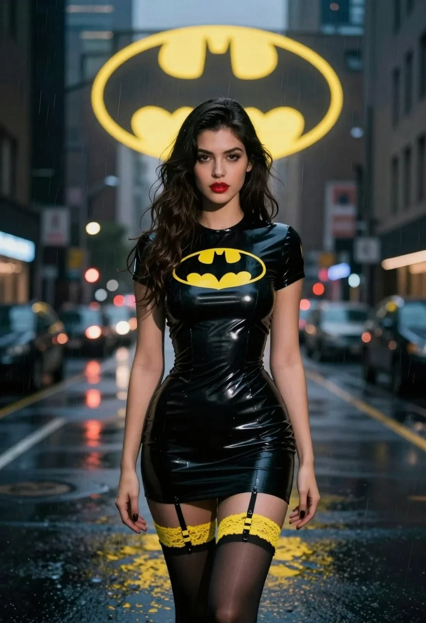 Woman With Long Dark Hair Stands The Center Rainy City