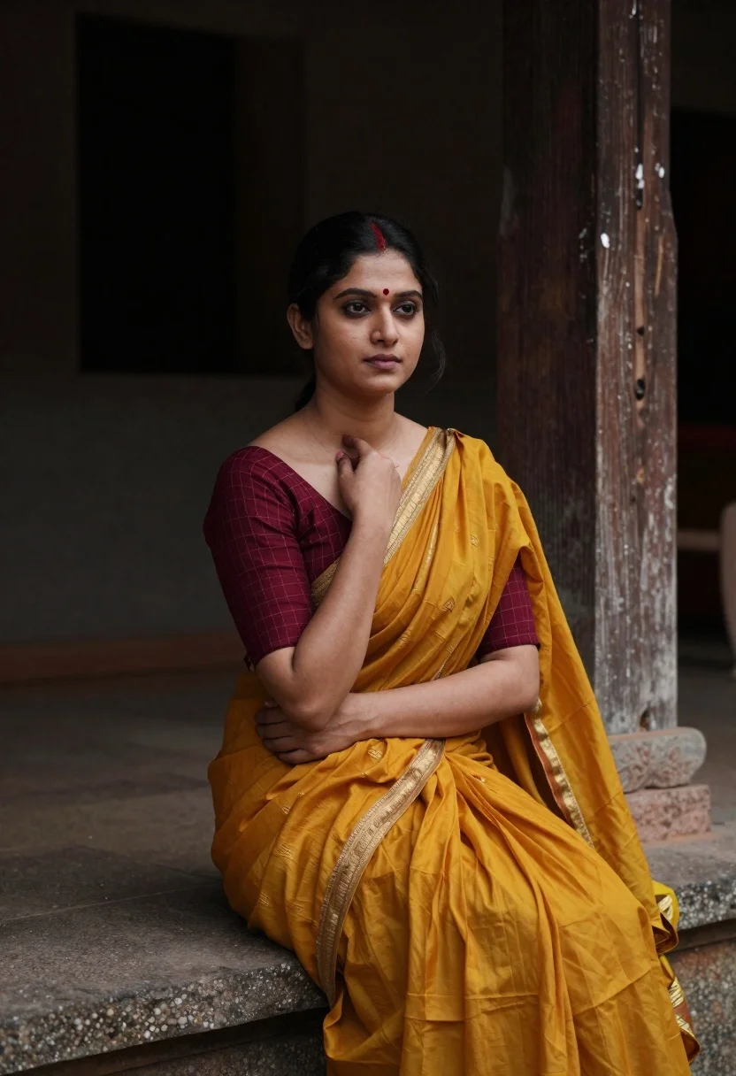 Woman Sits Gracefully Stone Ledge Dimly Lit Traditional Setting Her reference photo
