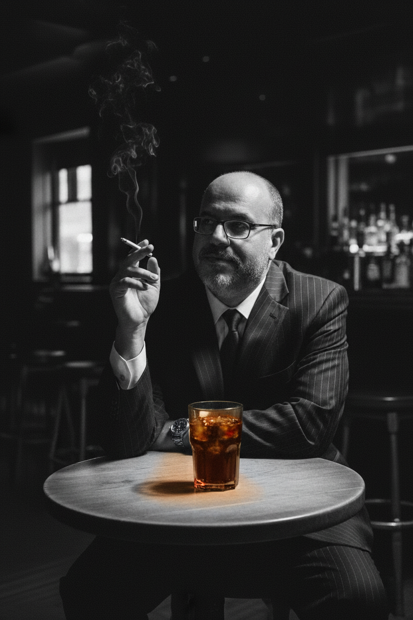 A man in a tailored suit at a bar table, leaning on elbows with a cigarette, distant eyes, and a vibrant tumbler of cola.