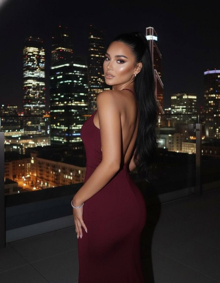 A woman in a burgundy evening gown stands on a rooftop, overlooking a modern city skyline illuminated by warm golden lights at night.