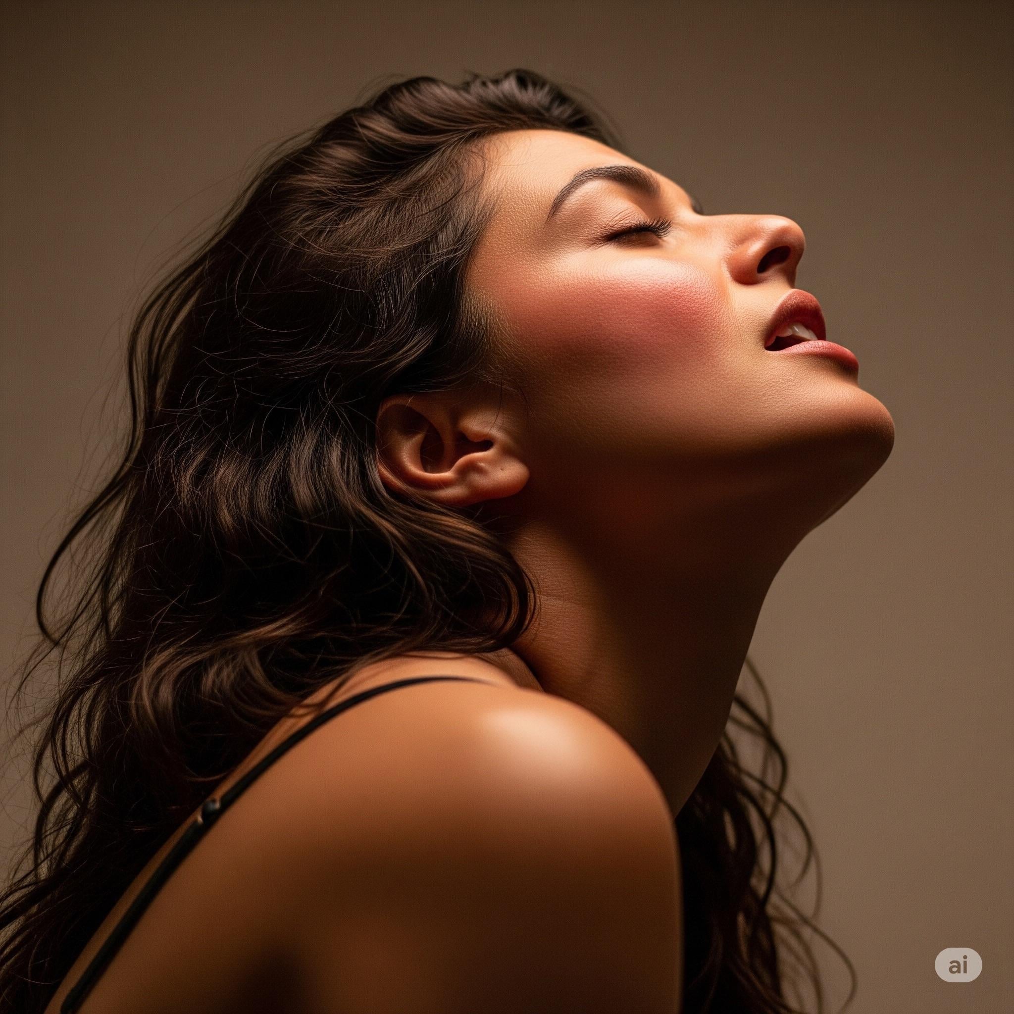Studio Profile Portrait Dark Wavy Hair Black Garment