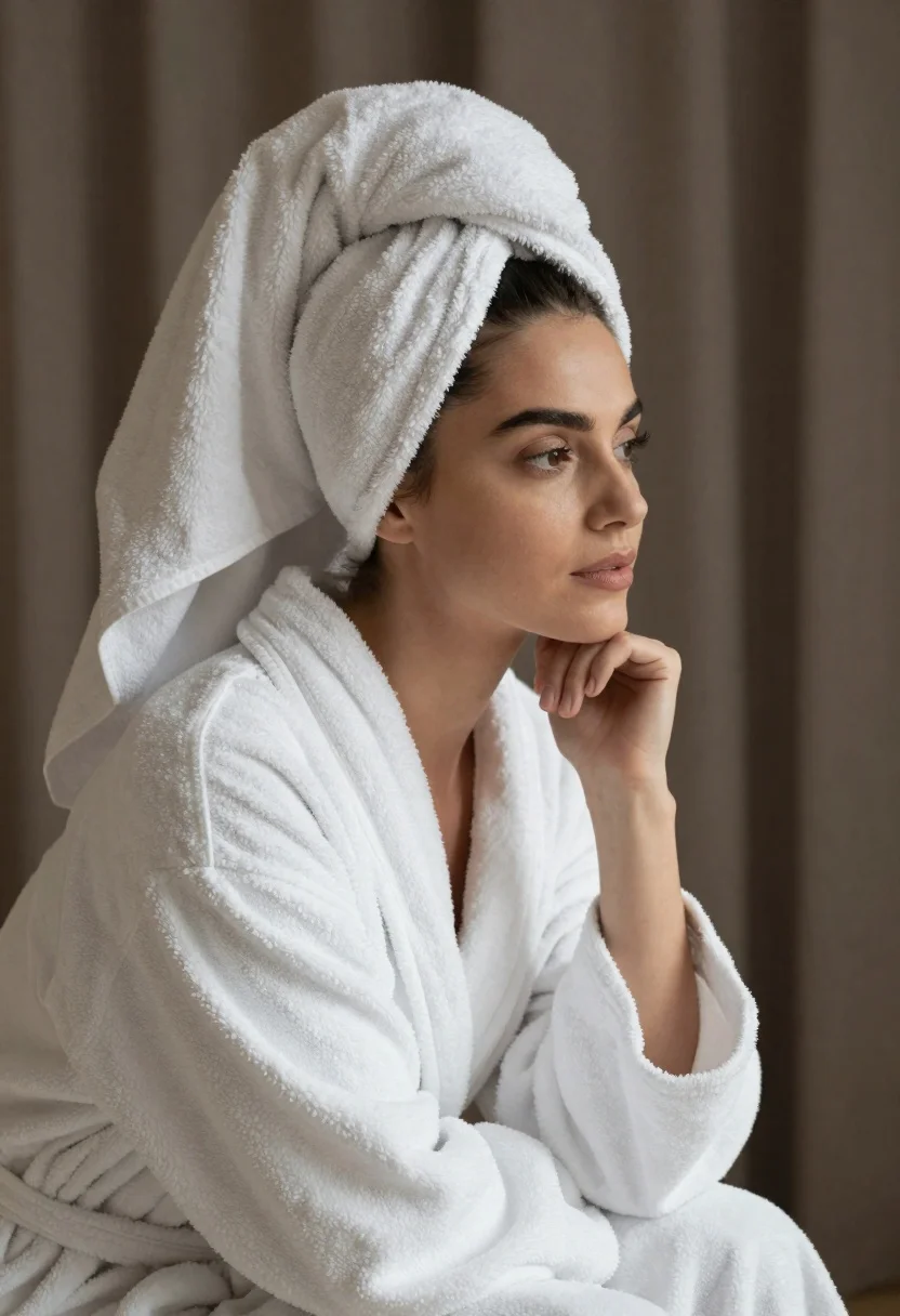 Woman With White Towel Wrapped Around Her Head Turban Style reference photo