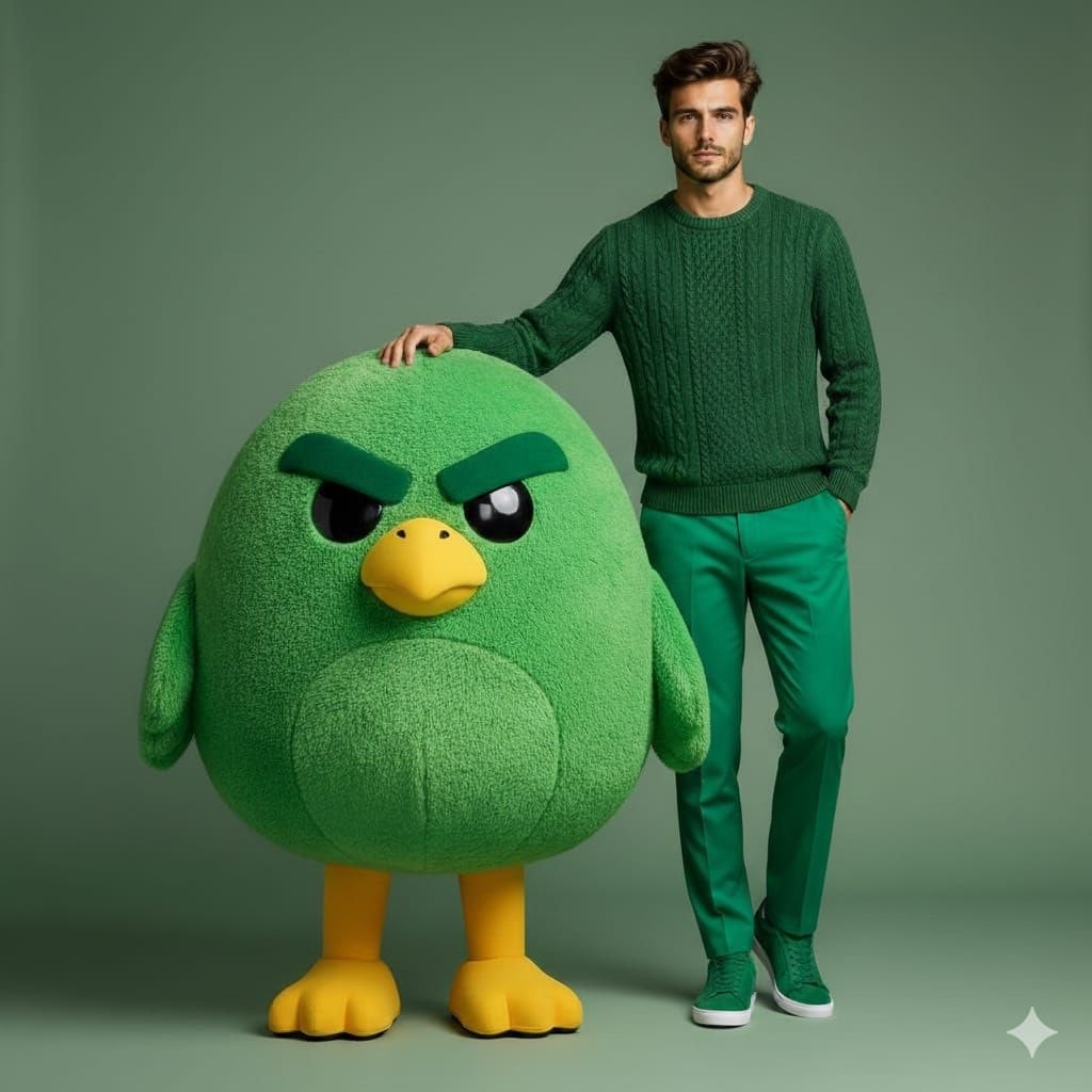 Male Model With Green Cartoon Bird Mascot Studio Fashion