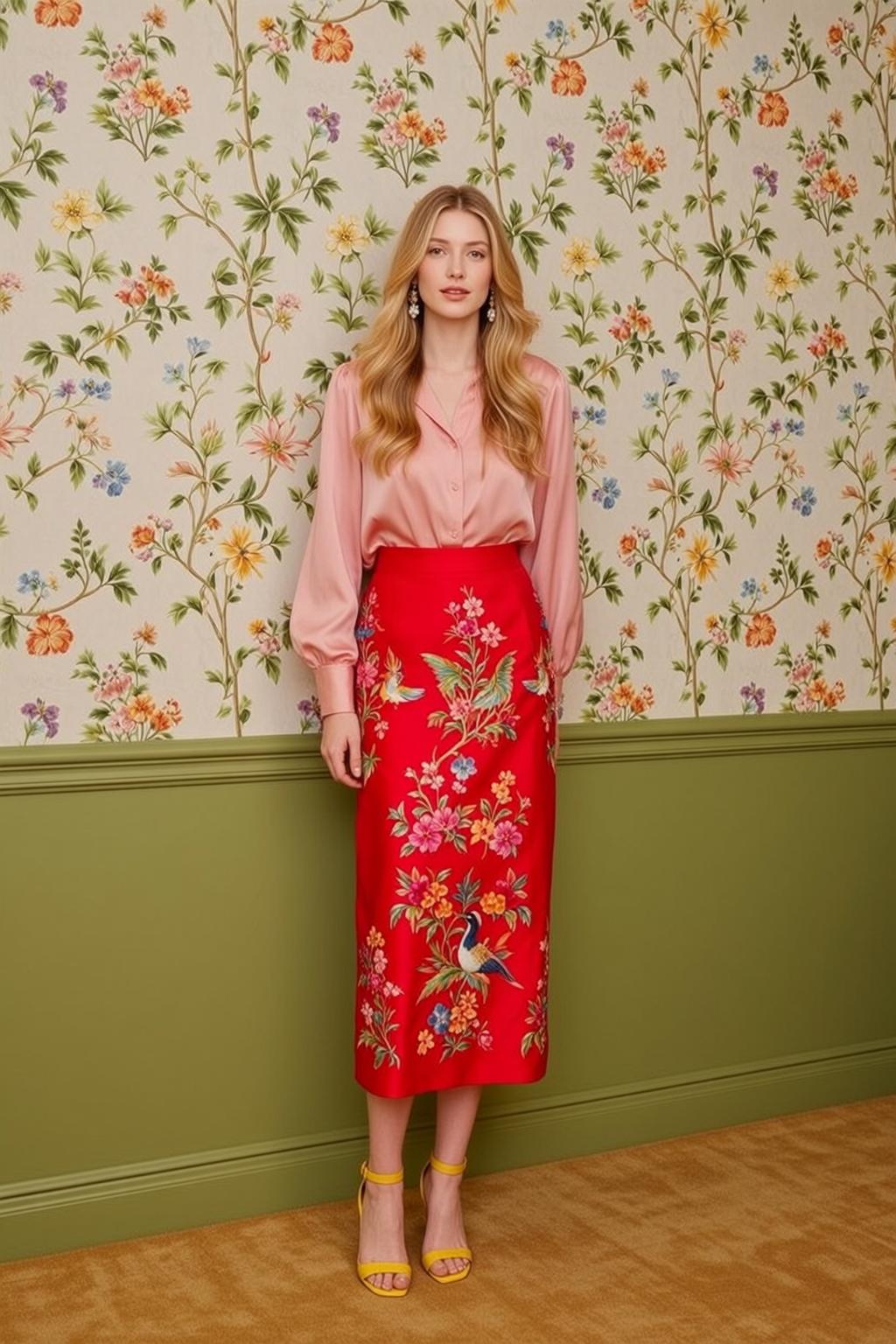 Blonde Woman Pink Silk Blouse Floral Skirt Studio