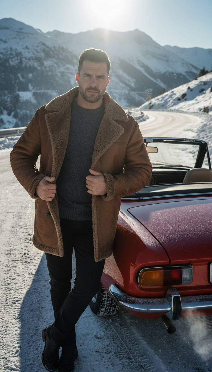 A confident man beside a red cabriolet on a snowy mountain road, adjusting his coat lapel with cold shadows and dramatic sunlight.