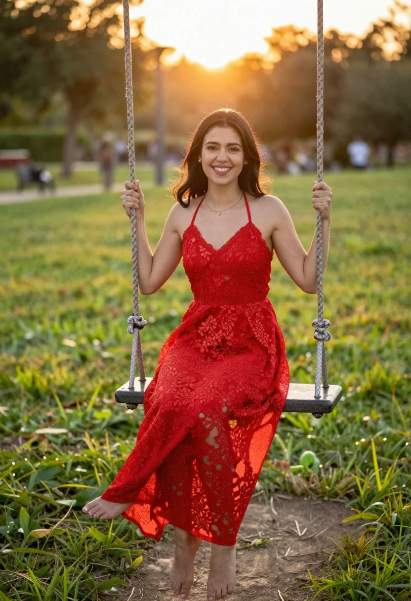 Portrait Smiling Woman Sitting Swing Grassy Park Sunset Subject Young reference photo