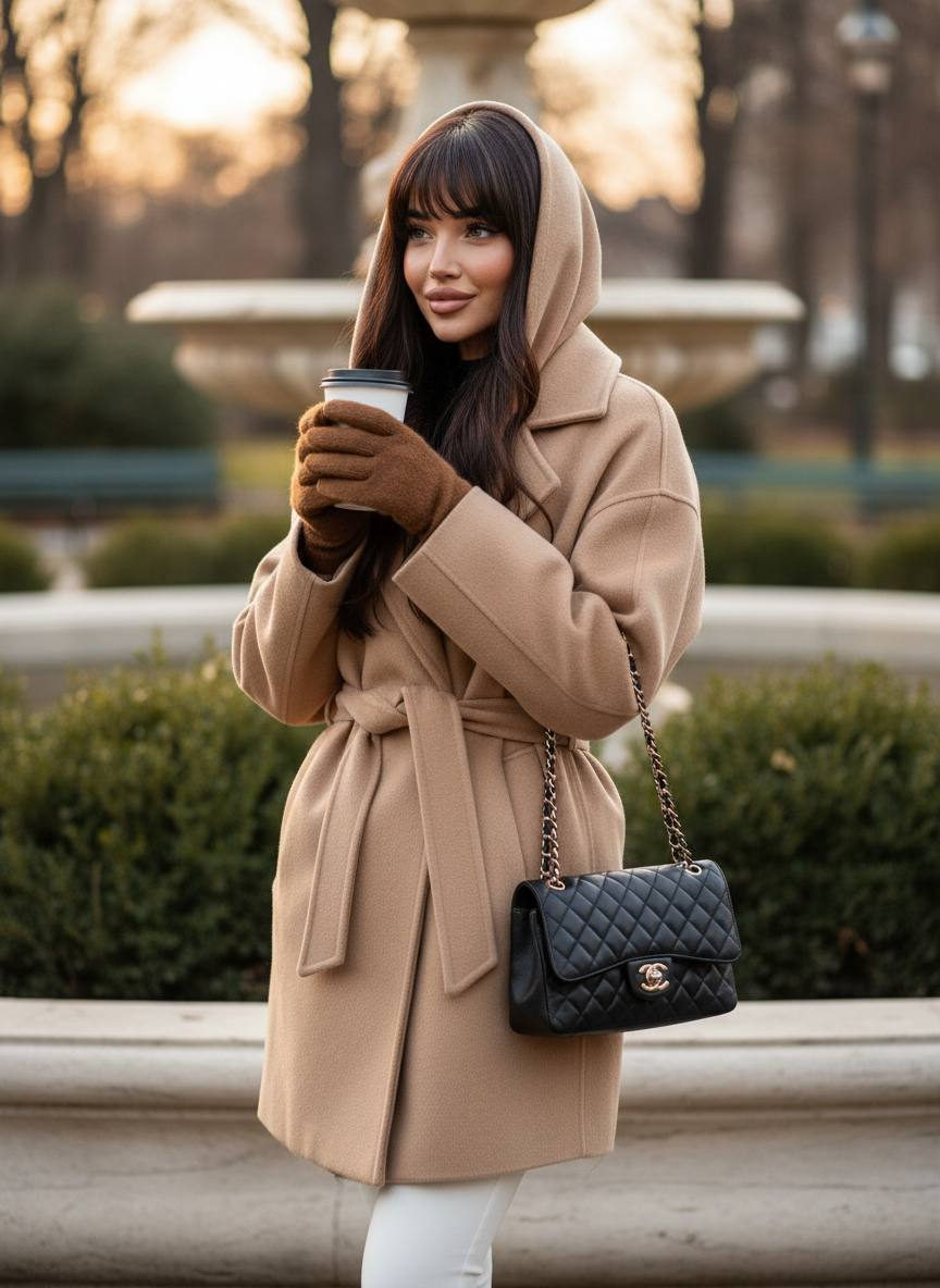 A woman in a beige wool coat stands by a stone fountain, smiling gently while holding a takeaway coffee cup surrounded by warm autumn colors.