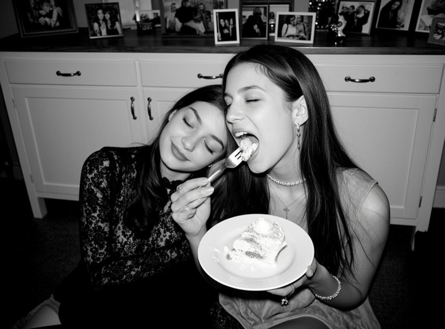 Two Young Women Eating Cake Indoors White Dresser