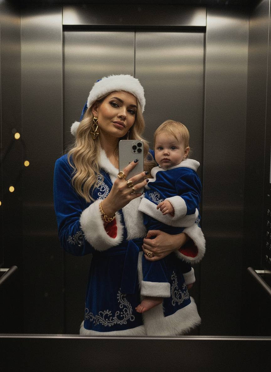 A stylish woman in a blue Santa suit taking a mirror selfie in a dimly lit elevator, cozy Christmas lights in the background.