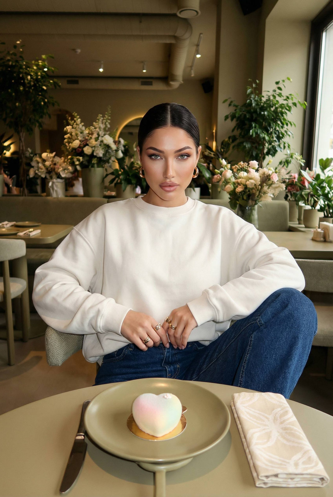 A serene woman in a cozy restaurant, wearing an oversized sweatshirt, looking confidently at the camera with a heart-shaped dessert on the table.