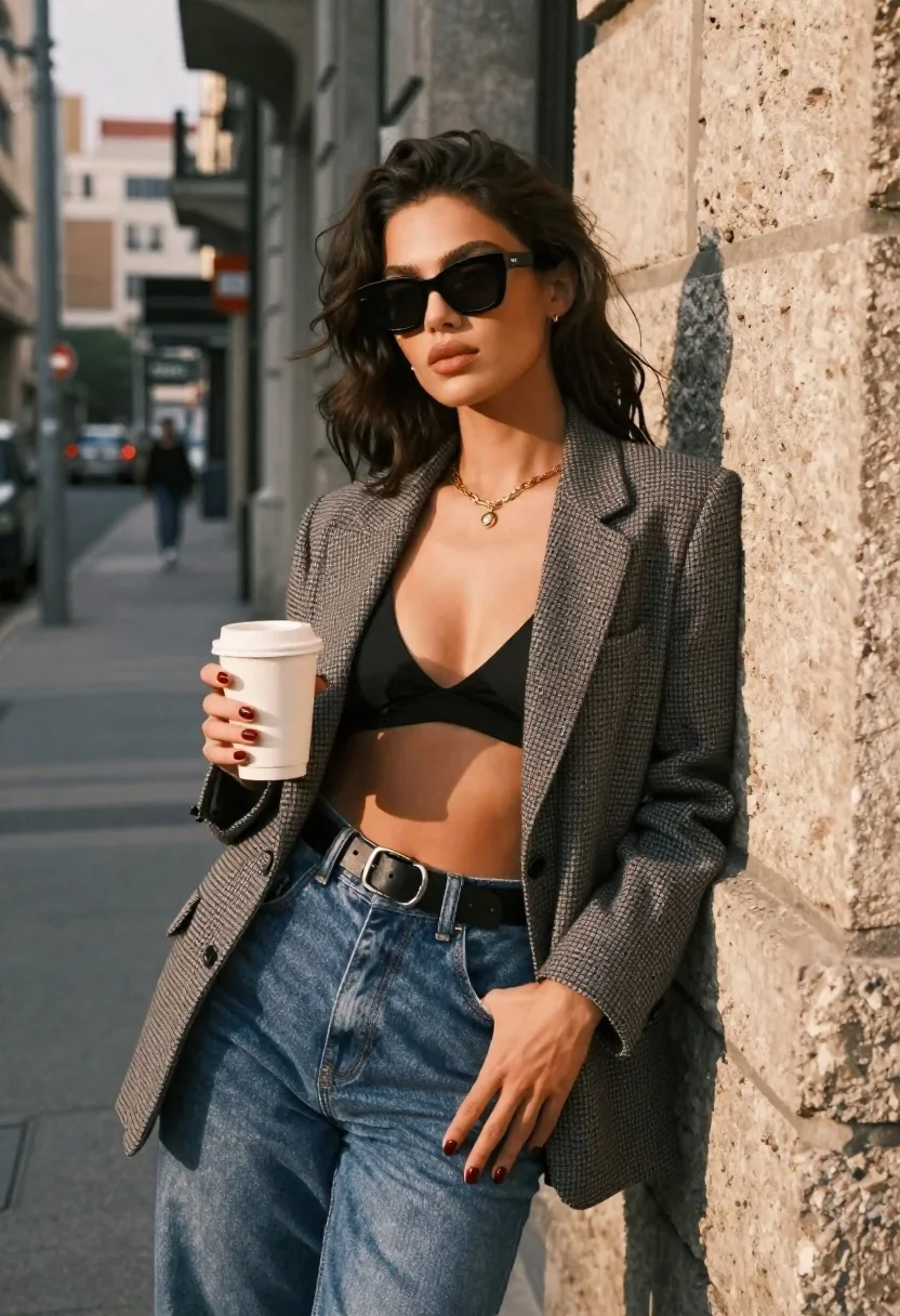 Stylish Woman Leaning Against Textured Stone Wall Urban Alleyway Subject reference photo