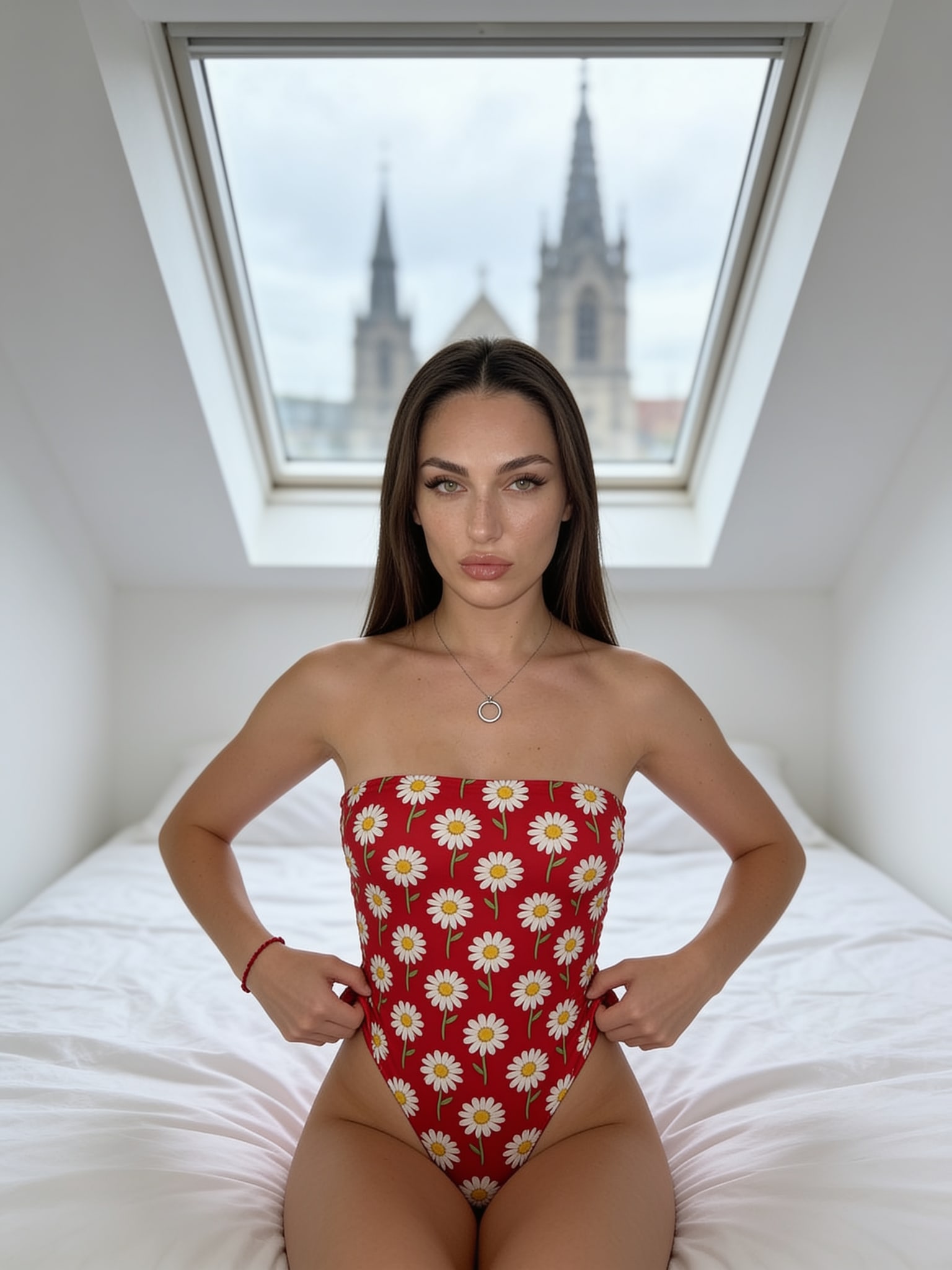 A woman in a floral swimsuit, sitting on a white bed, with soft natural lighting and gothic spires in the background.