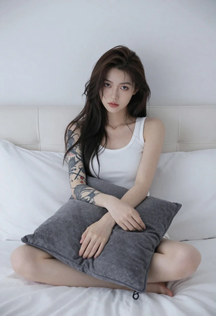 Young Woman With Long Dark Hair Sits White Bed Holding reference photo