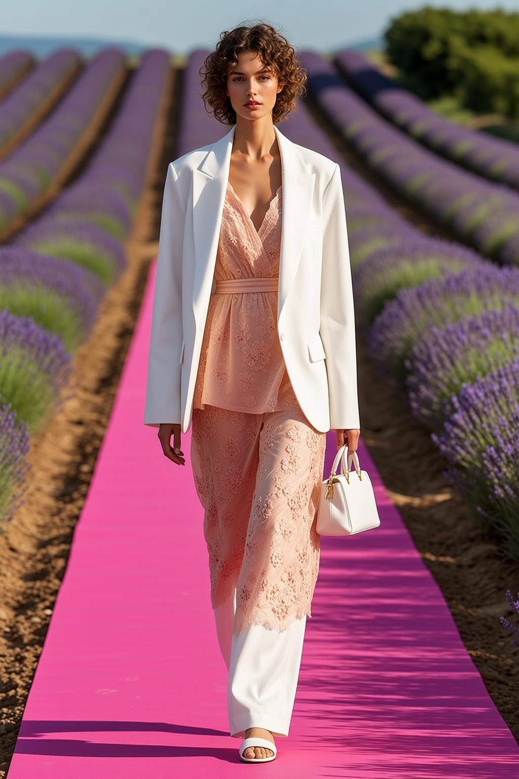 Pink Runway Lavender Field White Blazer Handbag