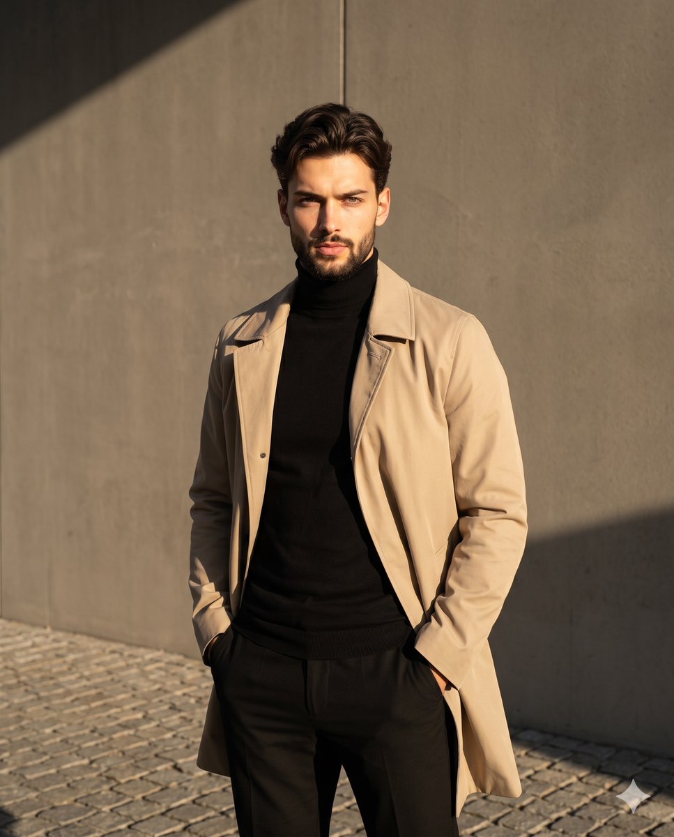 A serious man dressed in a beige trench coat and black turtleneck standing on cobblestones under golden sunlight.