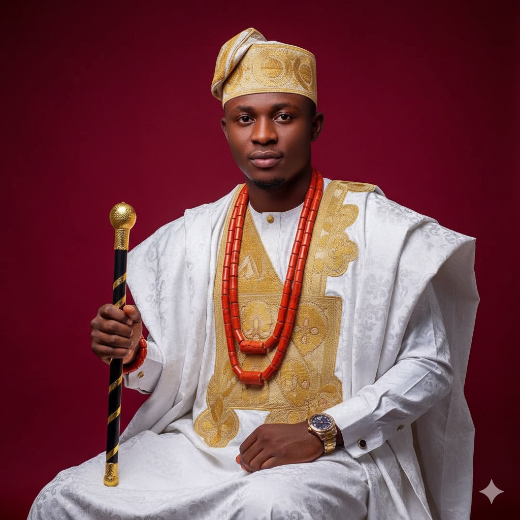 Young African entrepreneur in elegant yoruba attire, seated confidently against a white background, holding a ceremonial stick.