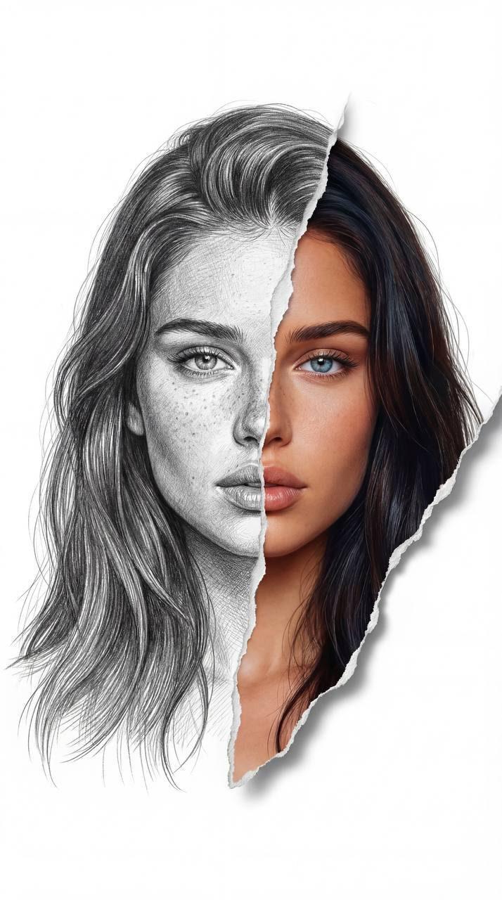 A striking graphite and color split portrait showcasing a hyperrealistic face with detailed features.