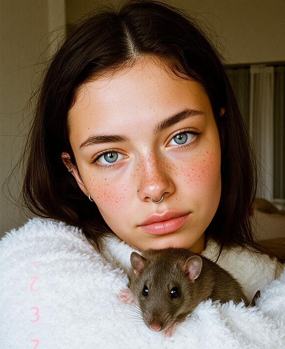 Explore Holding Small Grey Rat Against Her