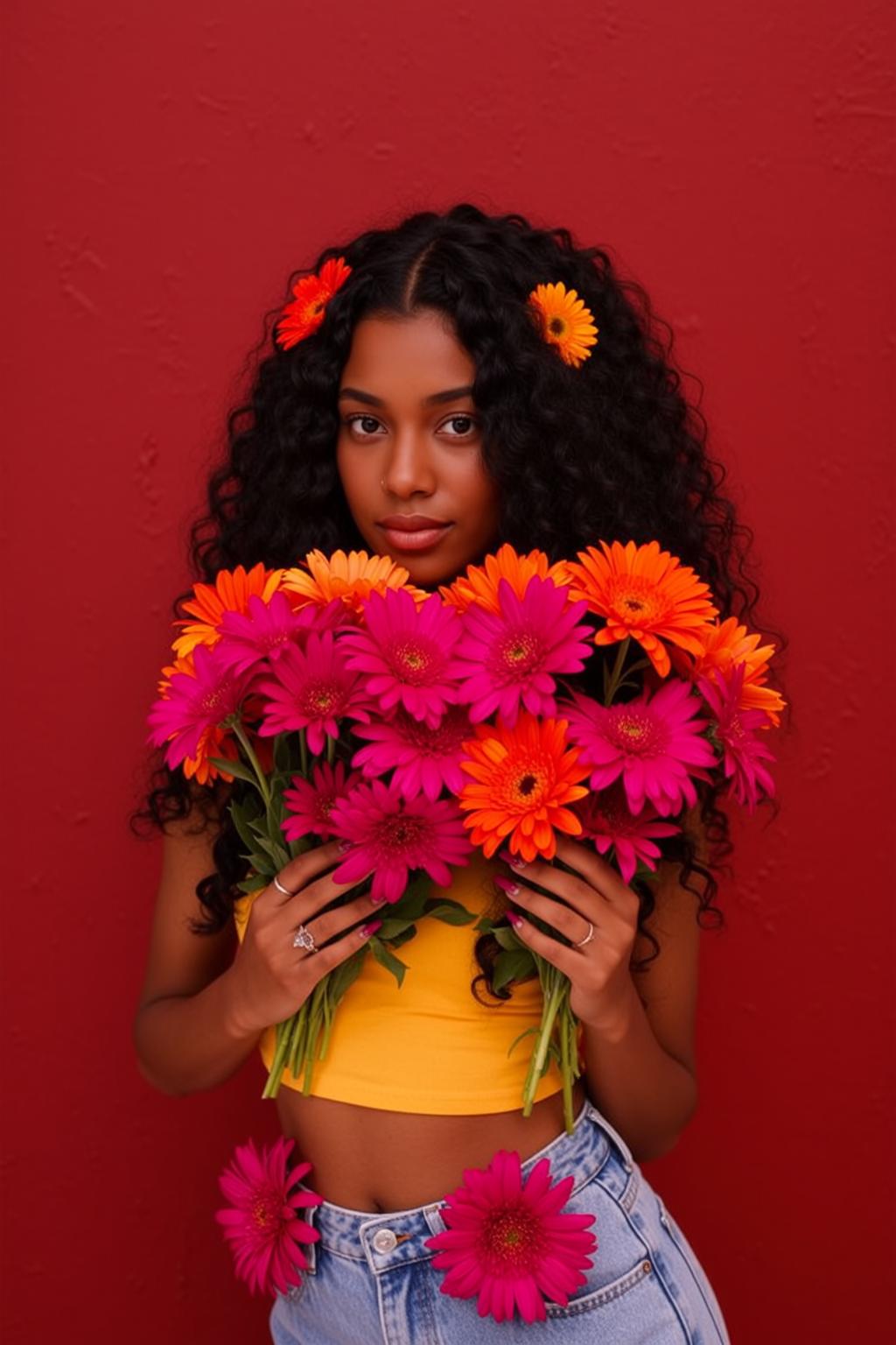Studio Red Wall Holding Pink Orange Daisies