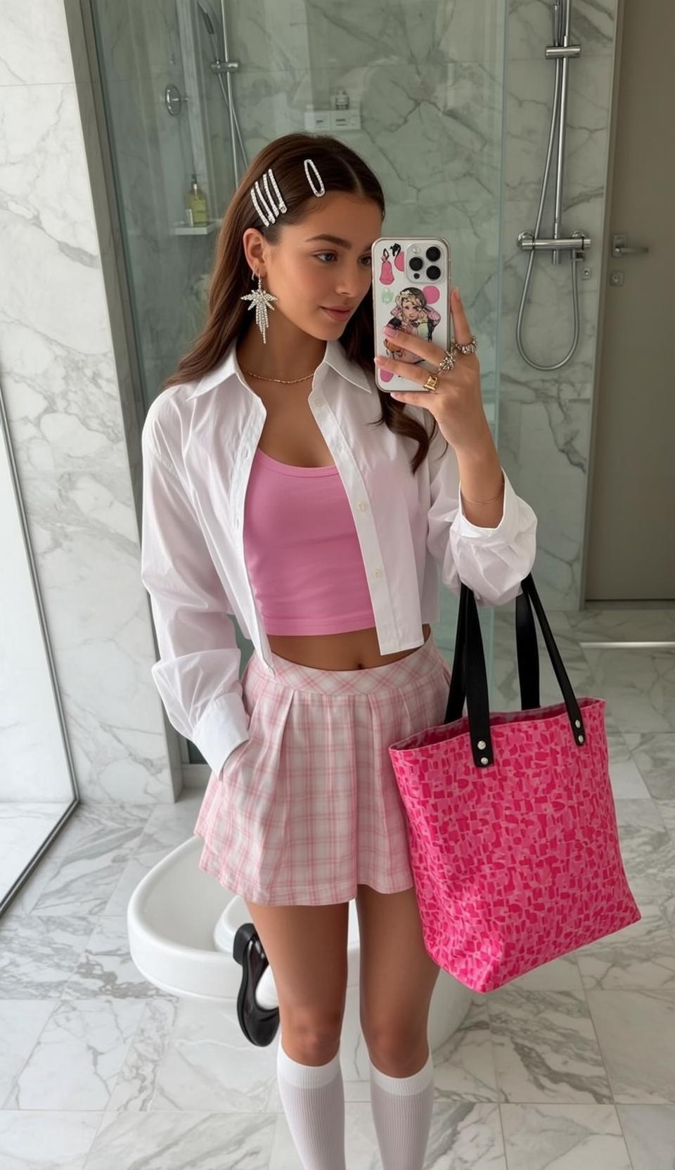 White Shirt Pink Skirt Outfit