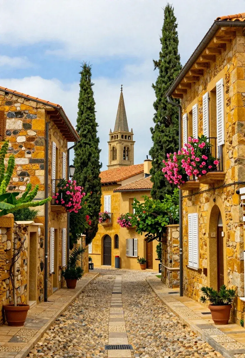 Picturesque Cobblestone Alleyway Sun-drenched European Village With Golden-yellow Stone Buildings