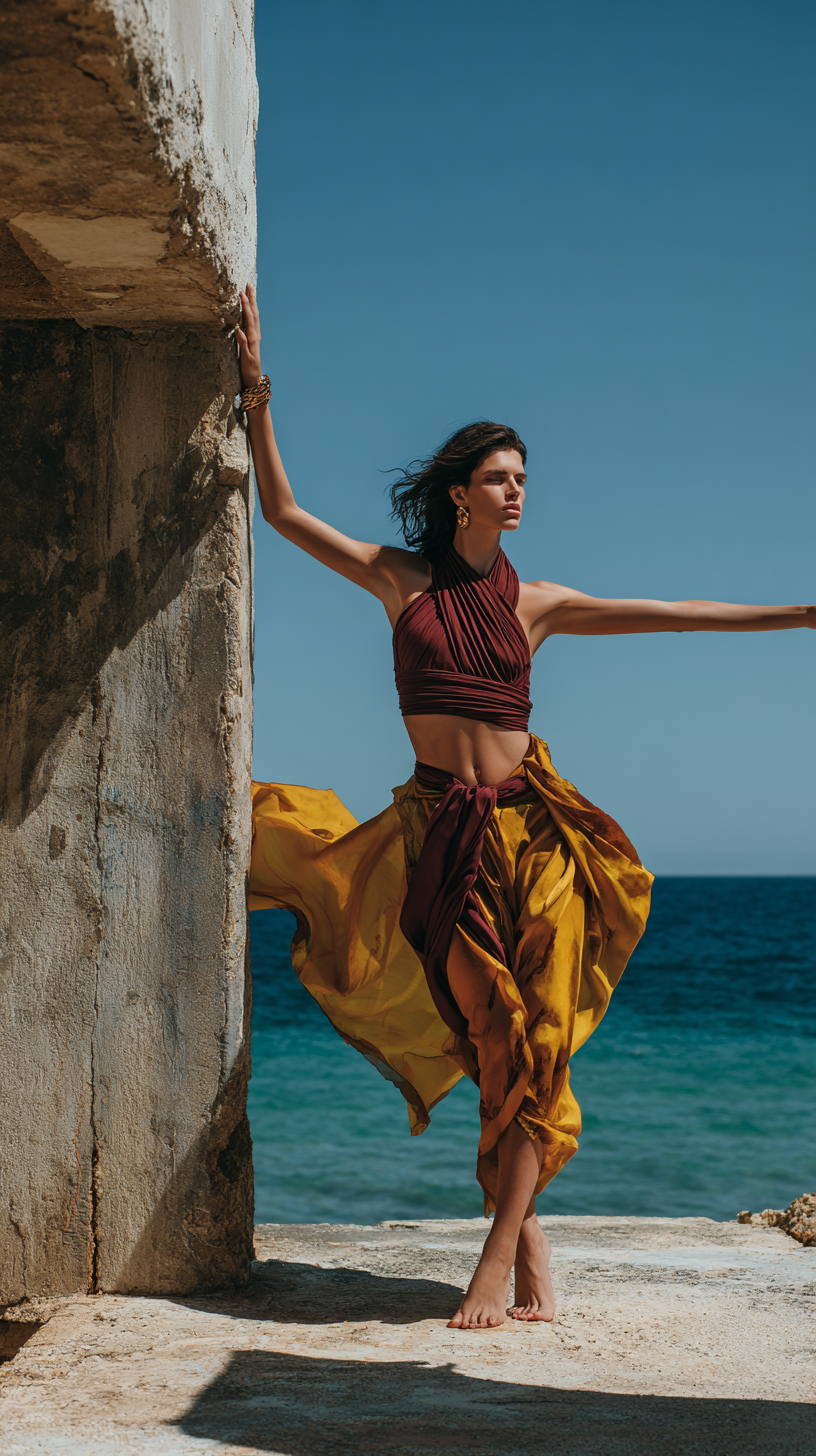 Seaside Stone Platform Fashion Photograph Maroon Halter Crop Top Mustard