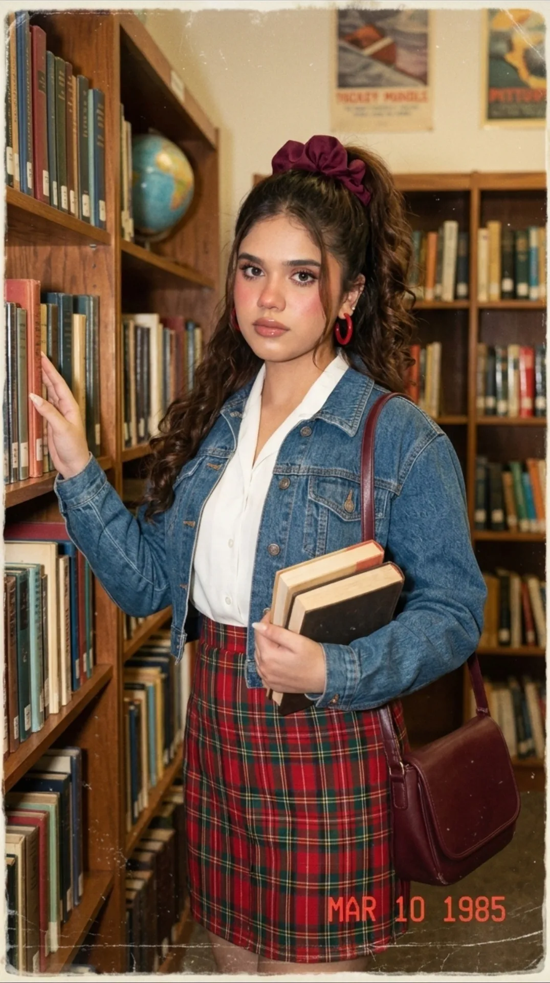 1985 Library Candid Portrait Woman Plaid Skirt Denim Jacket