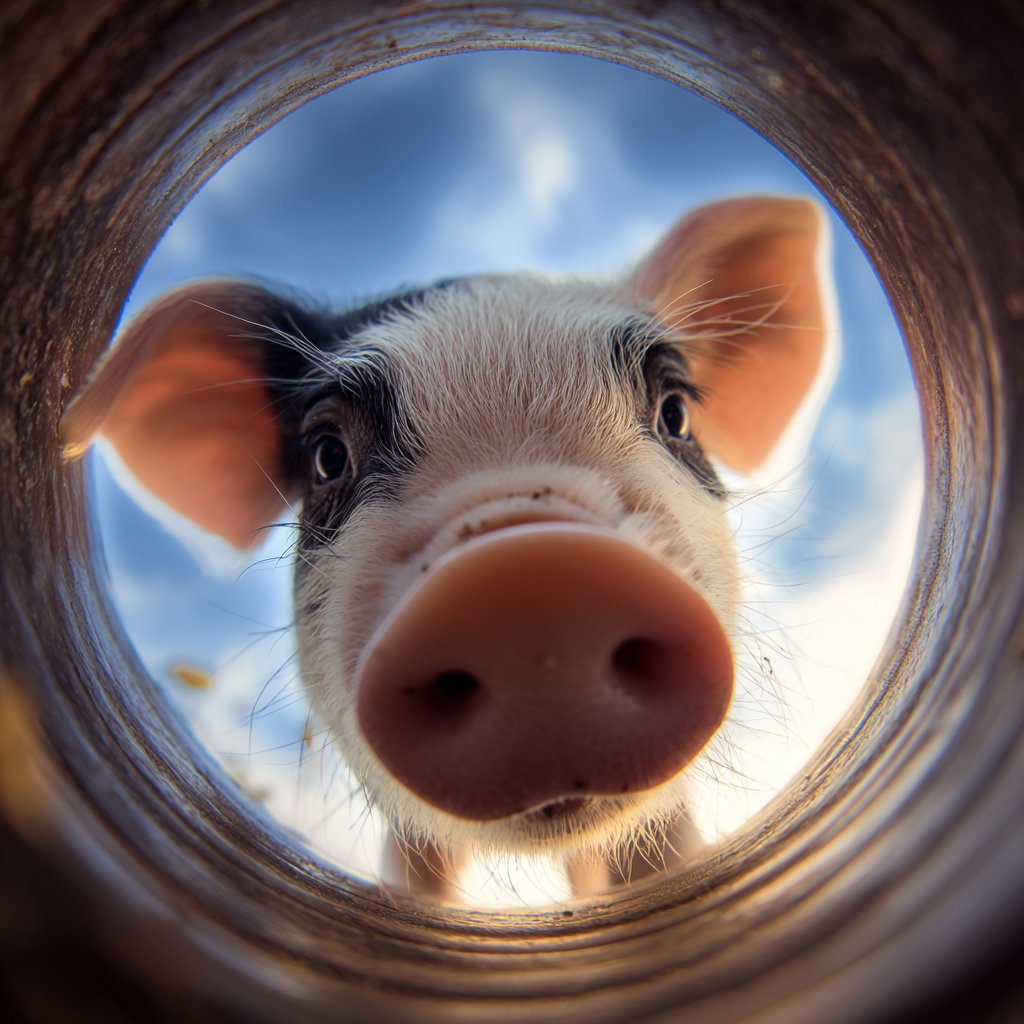 A cute animal's nose up close, seen from inside a food bowl, looking directly at the camera with soulful eyes.