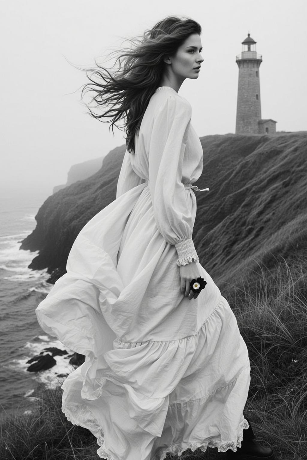 White Dress Lighthouse Cliff Portrait