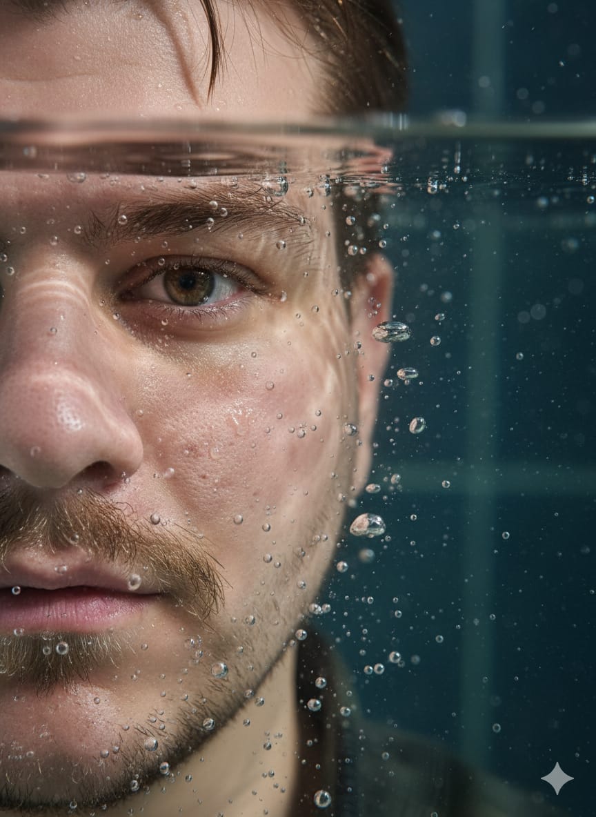 A hyper-realistic close-up portrait showing a half-submerged face, with one eye sharply focused amidst floating water droplets.