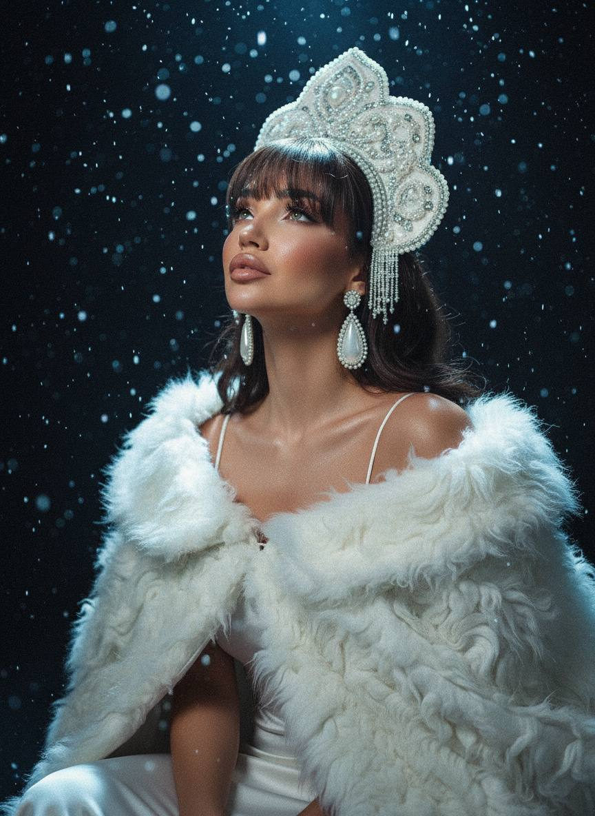 A serene snow queen seated, wearing a white dress with a fluffy faux fur shawl, soft makeup, and a beautifully decorated kokoshnik.
