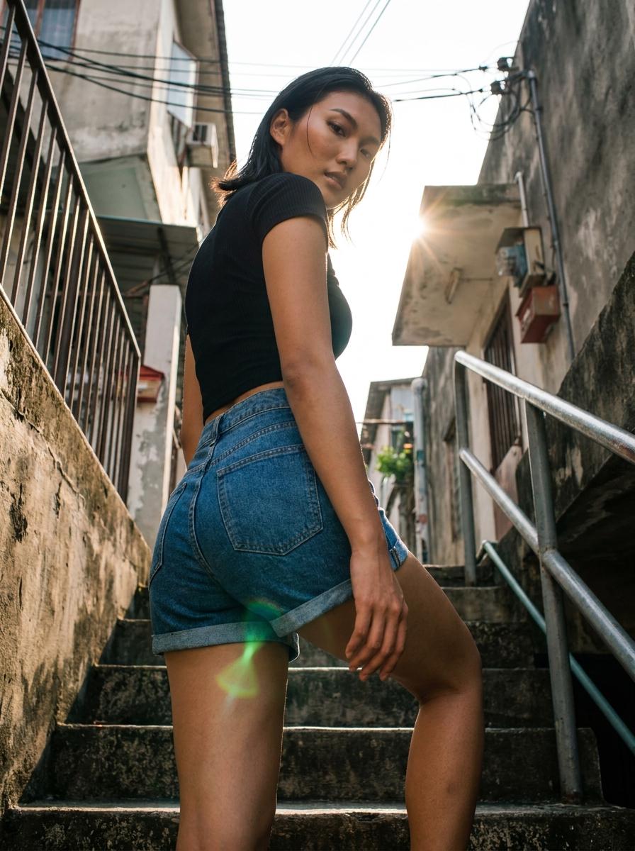 Urban Stairwell Fashion Portrait Bright Afternoon Sun