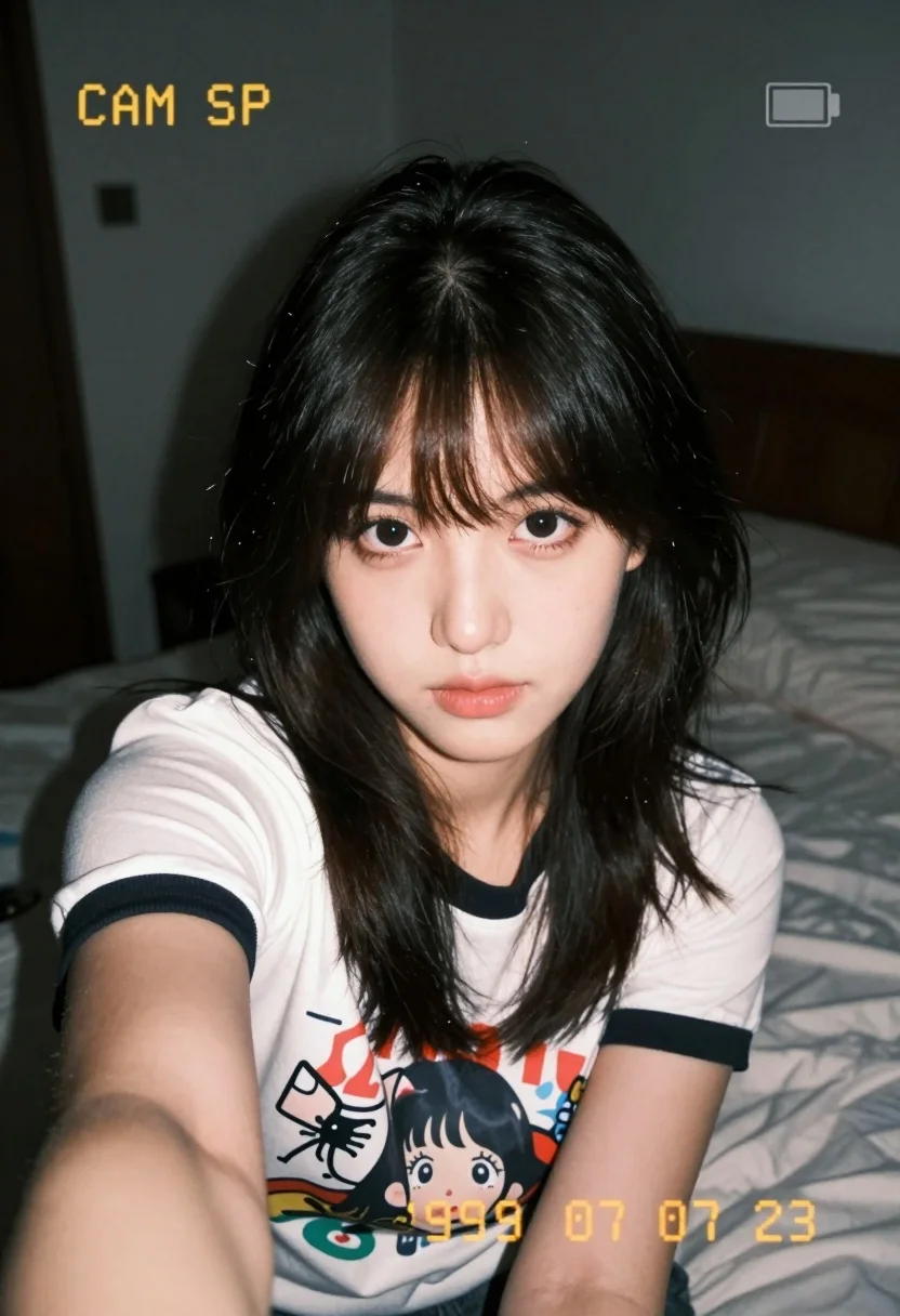 Close-up Selfie Young Woman With Dark Hair And Bangs Looking