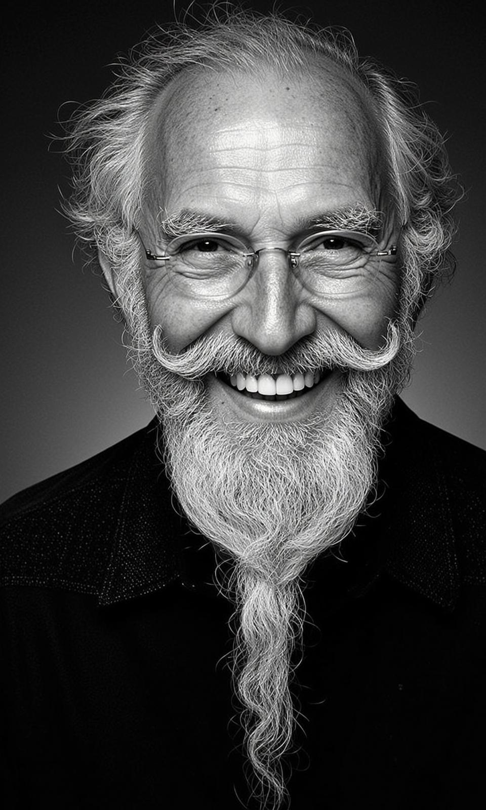 Photorealistic Head-and-shoulders Portrait Elderly Man With Wide Genuine Smile Captured