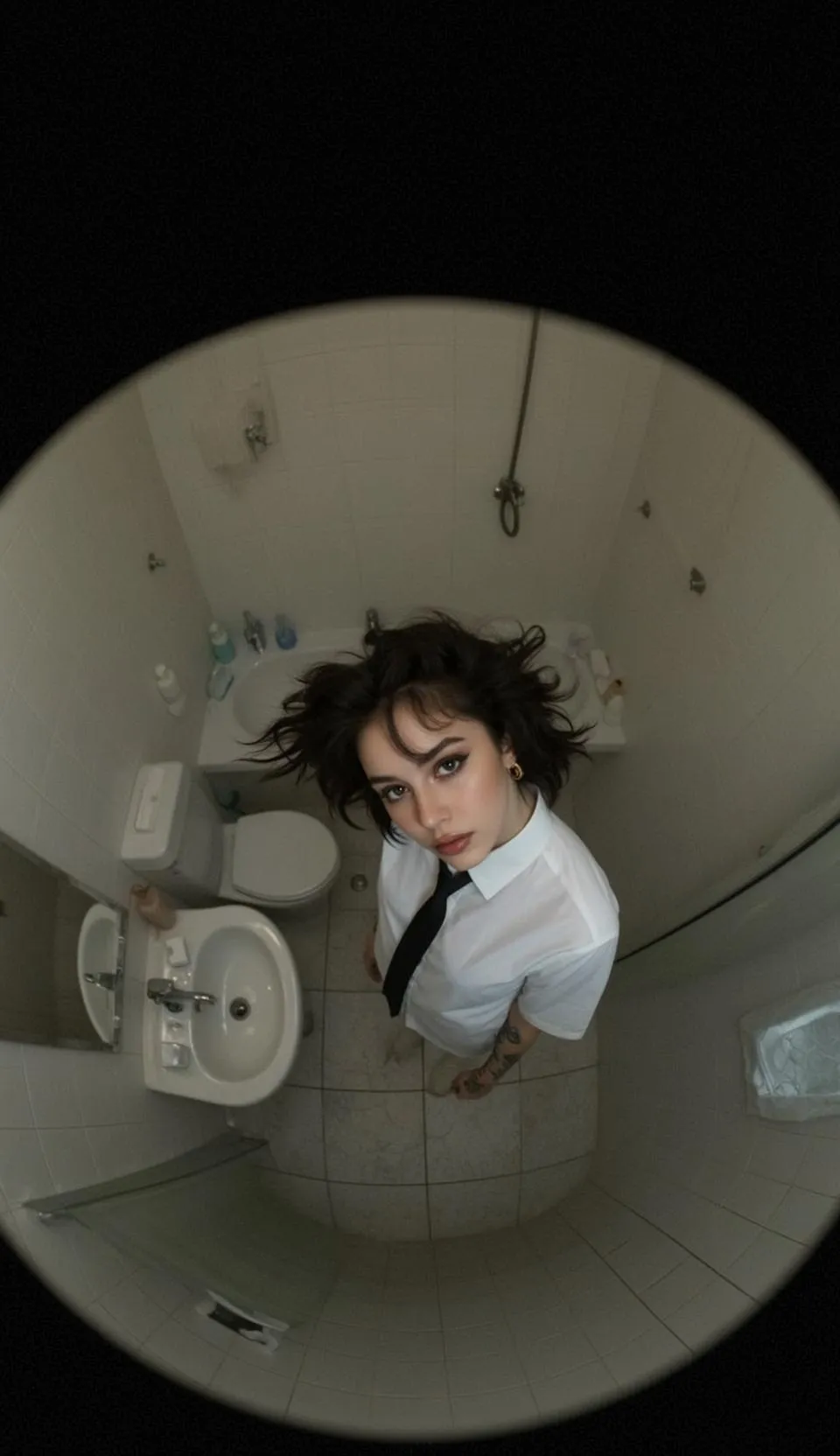 Tattoos And Earrings In Bathroom Portrait